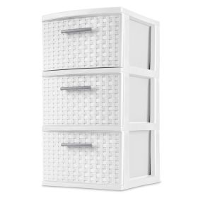 3 Drawer Weave Tower, Plastic Decor Drawers with Pull Handles, White