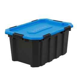 24 Gallon Water Resistant Latching Heavy Duty Plastic Storage Bin, Black Base/Blue Lid