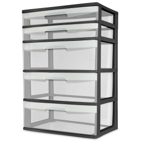 5 Drawer Wide Tower, with both Shallow and Deep Clear Plastic Drawers, Black