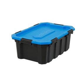 Water Resistant Plastic Storage Bins Black with Blue Lid, 18 Gallon