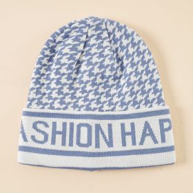 Houndstooth wool hat women's winter warm letter knitted hat winter curling thickened net red hat (Color: sky blue)