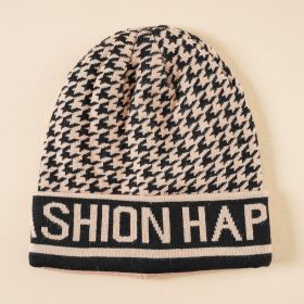 Houndstooth wool hat women's winter warm letter knitted hat winter curling thickened net red hat (Color: champagne)