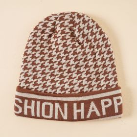 Houndstooth wool hat women's winter warm letter knitted hat winter curling thickened net red hat (Color: Khaki)