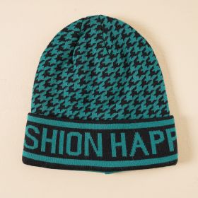Houndstooth wool hat women's winter warm letter knitted hat winter curling thickened net red hat (Color: Green)