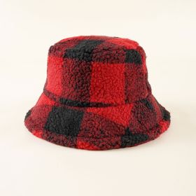 Lamb velvet fisherman hat plaid autumn and winter adult basin hat travel warm plush hat female trendy new (Color: red black)