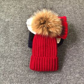Winter Brand Female Fur Pom Poms hat Winter Hat For Women Girl 's Hat Knitted Beanies Cap Hat Thick Women Skullies Beanies (Color: wine red with fur, size: kid size)