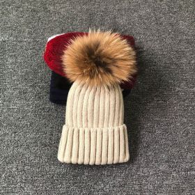 Winter Brand Female Fur Pom Poms hat Winter Hat For Women Girl 's Hat Knitted Beanies Cap Hat Thick Women Skullies Beanies (Color: khaki with fur, size: kid size)