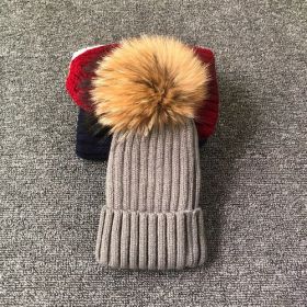 Winter Brand Female Fur Pom Poms hat Winter Hat For Women Girl 's Hat Knitted Beanies Cap Hat Thick Women Skullies Beanies (Color: gray with fur, size: adult size)