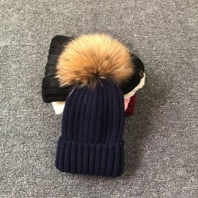 Winter Brand Female Fur Pom Poms hat Winter Hat For Women Girl 's Hat Knitted Beanies Cap Hat Thick Women Skullies Beanies (Color: navy blue with fur, size: kid size)