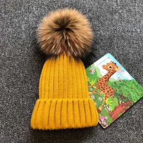 Winter Brand Female Fur Pom Poms hat Winter Hat For Women Girl 's Hat Knitted Beanies Cap Hat Thick Women Skullies Beanies (Color: yellow with fur, size: kid size)