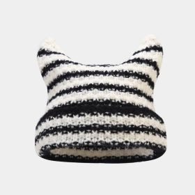 New Japanese Streetwear Harajuku Beanie Little Devil Striped Knitted Hat Women Autumn Winter Cute Cat Ears Cap (Color: black white striped, size: head 56-59cm)