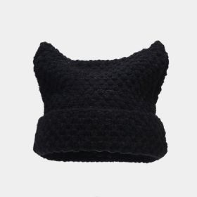 New Japanese Streetwear Harajuku Beanie Little Devil Striped Knitted Hat Women Autumn Winter Cute Cat Ears Cap (Color: Black, size: head 56-59cm)