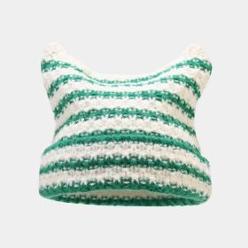 New Japanese Streetwear Harajuku Beanie Little Devil Striped Knitted Hat Women Autumn Winter Cute Cat Ears Cap (Color: green striped, size: head 56-59cm)