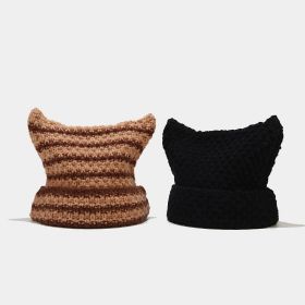 New Japanese Streetwear Harajuku Beanie Little Devil Striped Knitted Hat Women Autumn Winter Cute Cat Ears Cap (Color: 2 Hats style1, size: head 56-59cm)