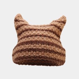 New Japanese Streetwear Harajuku Beanie Little Devil Striped Knitted Hat Women Autumn Winter Cute Cat Ears Cap (Color: brown striped, size: head 56-59cm)