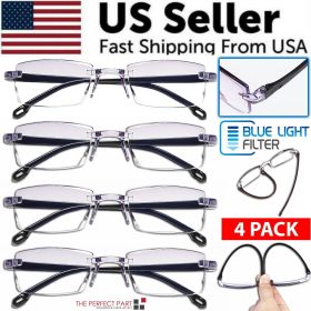 4 PK Mens Rectangular Rimless Blue Light Blocking Reading Glasses Unisex Readers (Magnification Strength: =+3.50 strength)