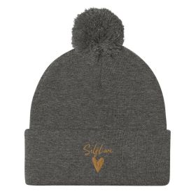 Self Love Pom-Pom Beanie - Women's Beanie with Embroidery (Color: Dark Heather Grey)