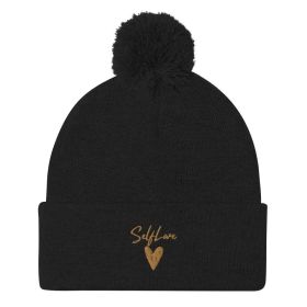 Self Love Pom-Pom Beanie - Women's Beanie with Embroidery (Color: Black)