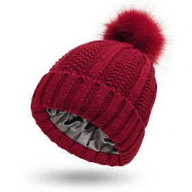 Fashion Stretchy Satin Lined Skull Knit Hats Beanie Hat For Women Faux Fur Pom Pom Hat Winter Keep Warming Beanie Hat (Color: Wine Red, size: One Size)