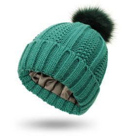 Fashion Stretchy Satin Lined Skull Knit Hats Beanie Hat For Women Faux Fur Pom Pom Hat Winter Keep Warming Beanie Hat (Color: Green, size: One Size)